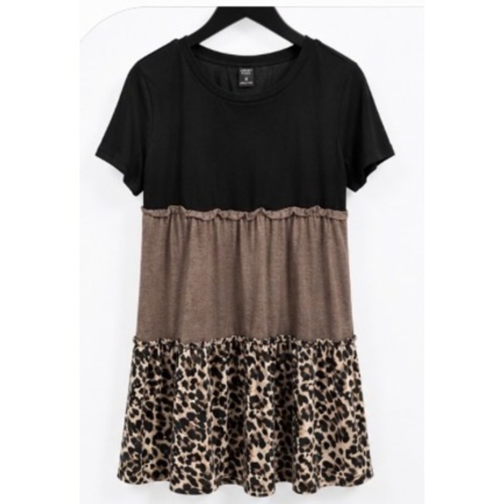 Emery Rose Leopard Print Colorblock Babydoll Mini Dress Black Taupe Medium